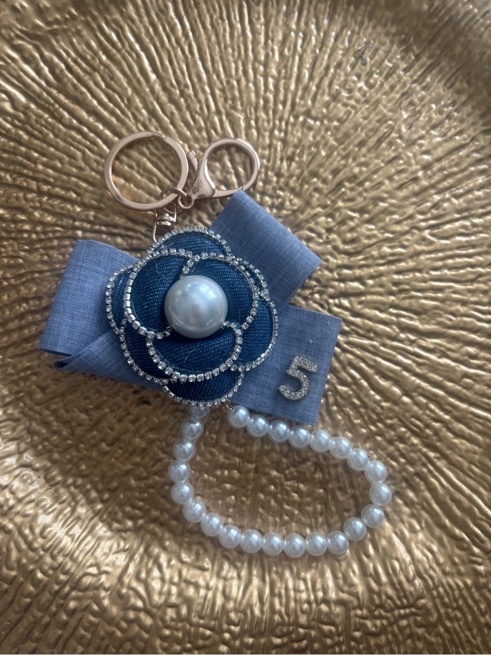 CC Blue Fabric Flower Keychain with Pearl Beaded Loop